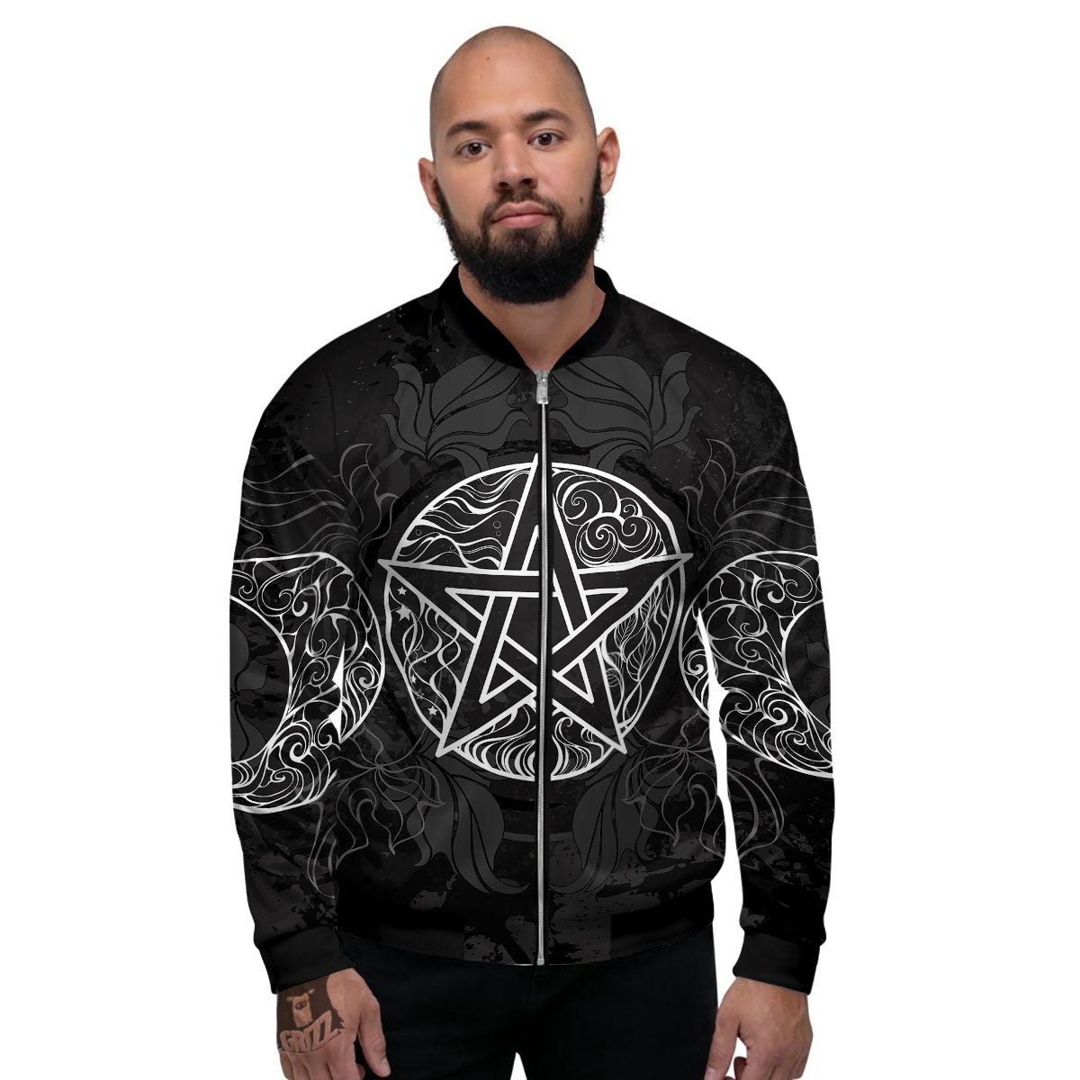 Wicca Pentagram White And Black Print Men's Bomber Jacket-grizzshop