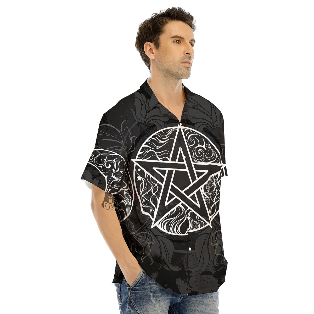 Wicca Pentagram White And Black Print Men's Hawaiian Shirt-grizzshop