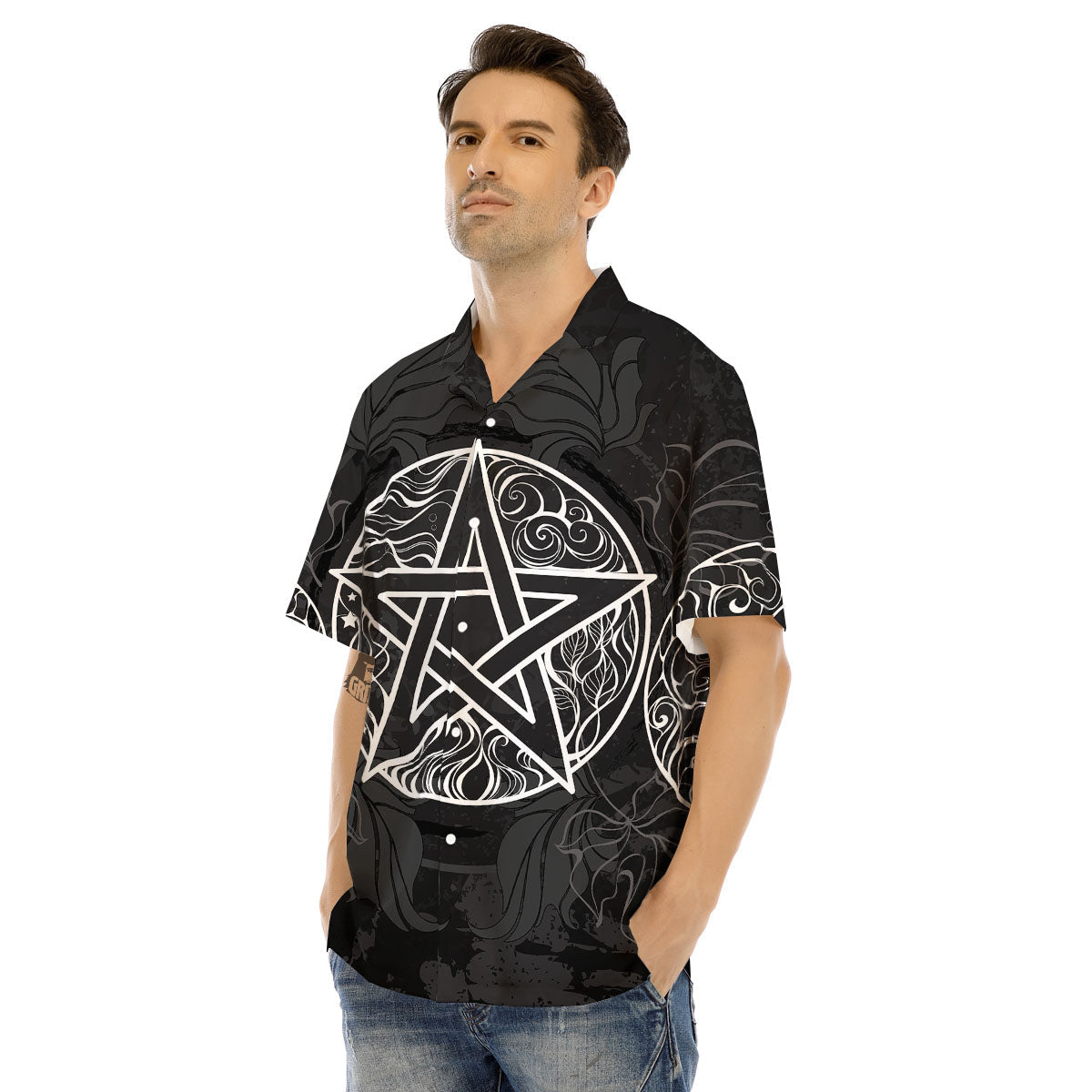 Wicca Pentagram White And Black Print Men's Hawaiian Shirt-grizzshop