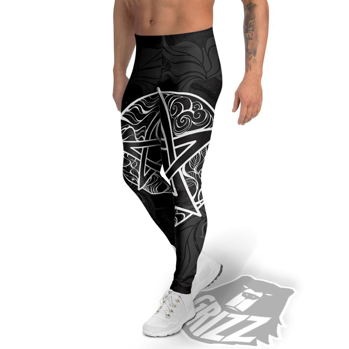 Wicca Pentagram White And Black Print Men's Leggings-grizzshop