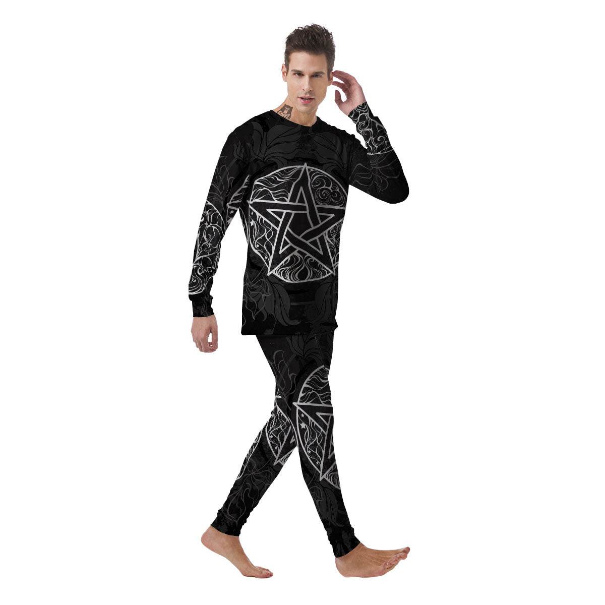 Wicca Pentagram White And Black Print Men's Pajamas-grizzshop