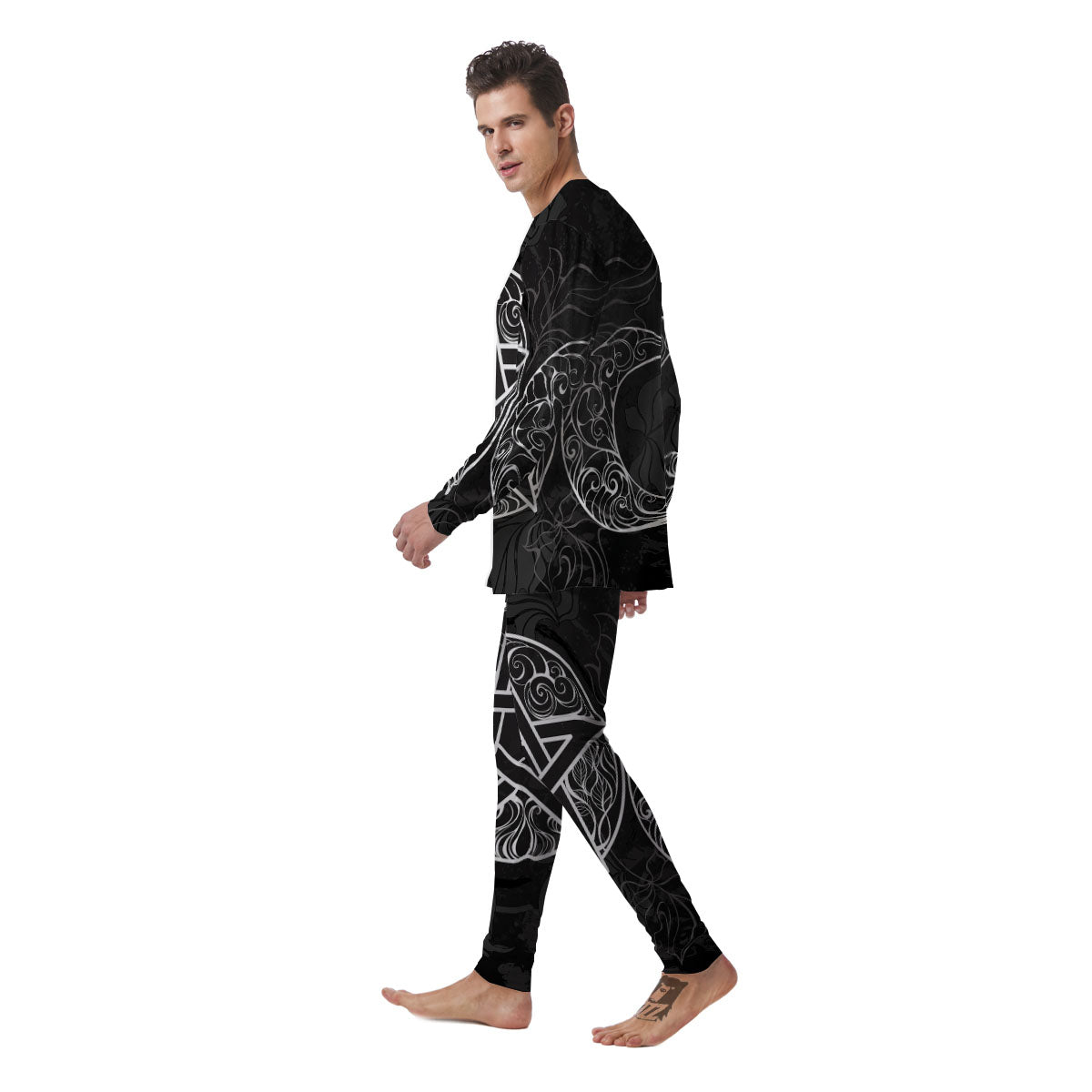 Wicca Pentagram White And Black Print Men's Pajamas-grizzshop