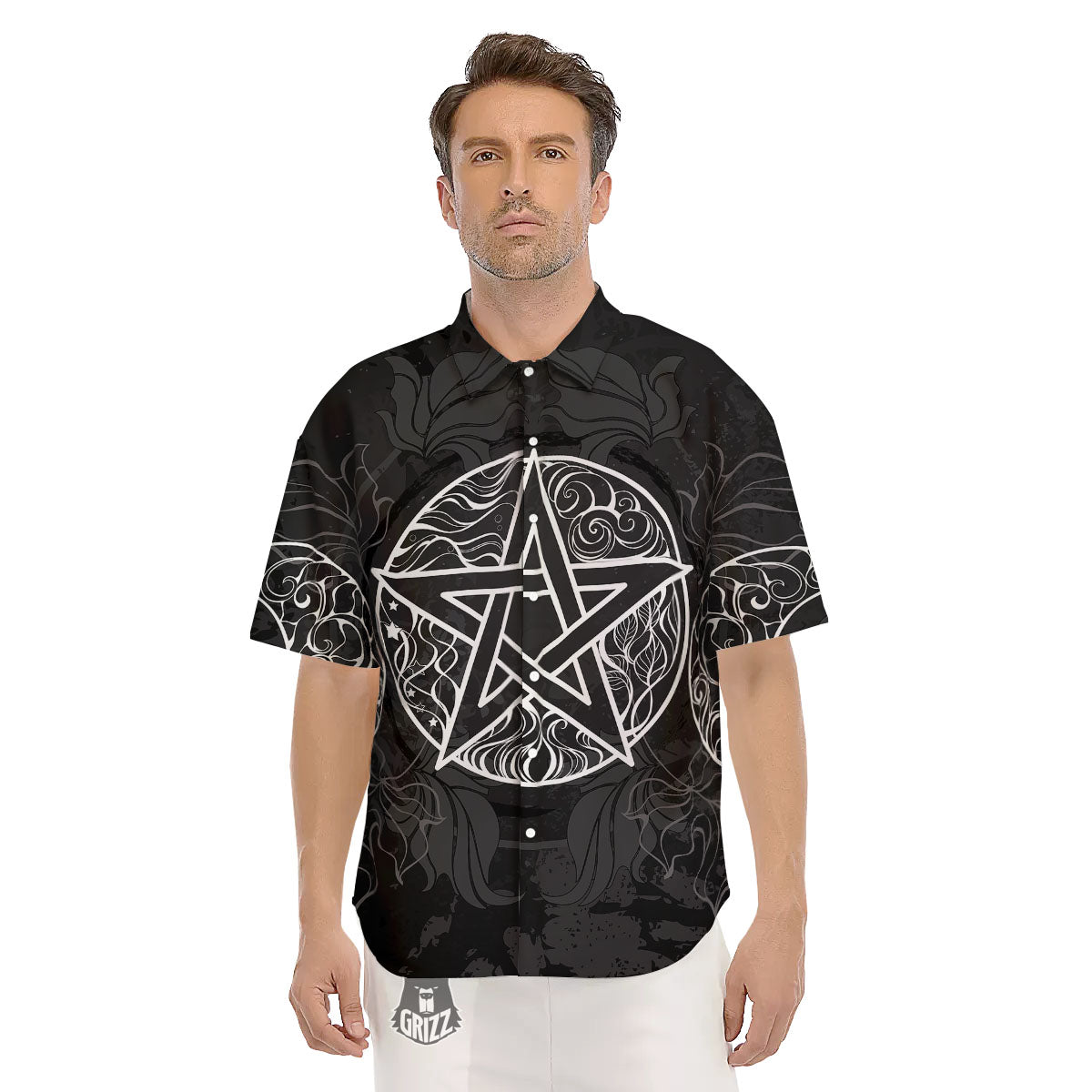 Wicca Pentagram White And Black Print Men's Short Sleeve Shirts-grizzshop
