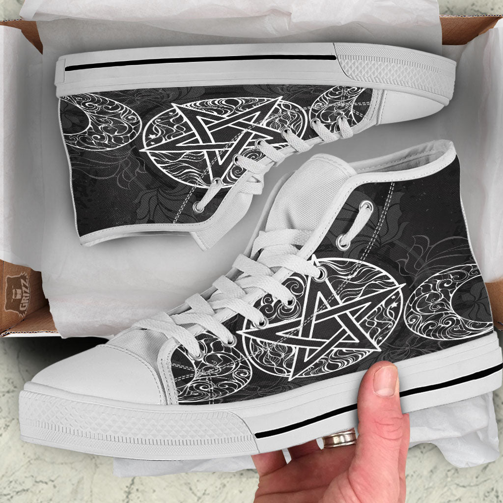 Wicca Pentagram White And Black Print White High Top Shoes-grizzshop