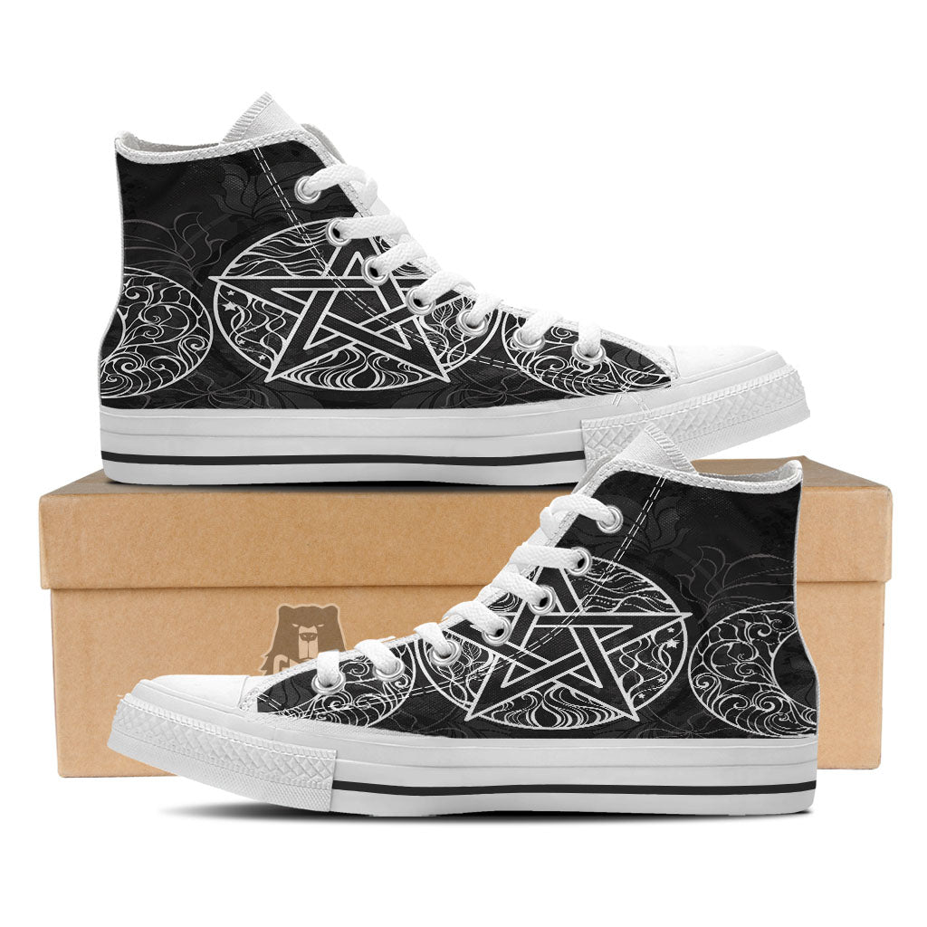 Wicca Pentagram White And Black Print White High Top Shoes-grizzshop