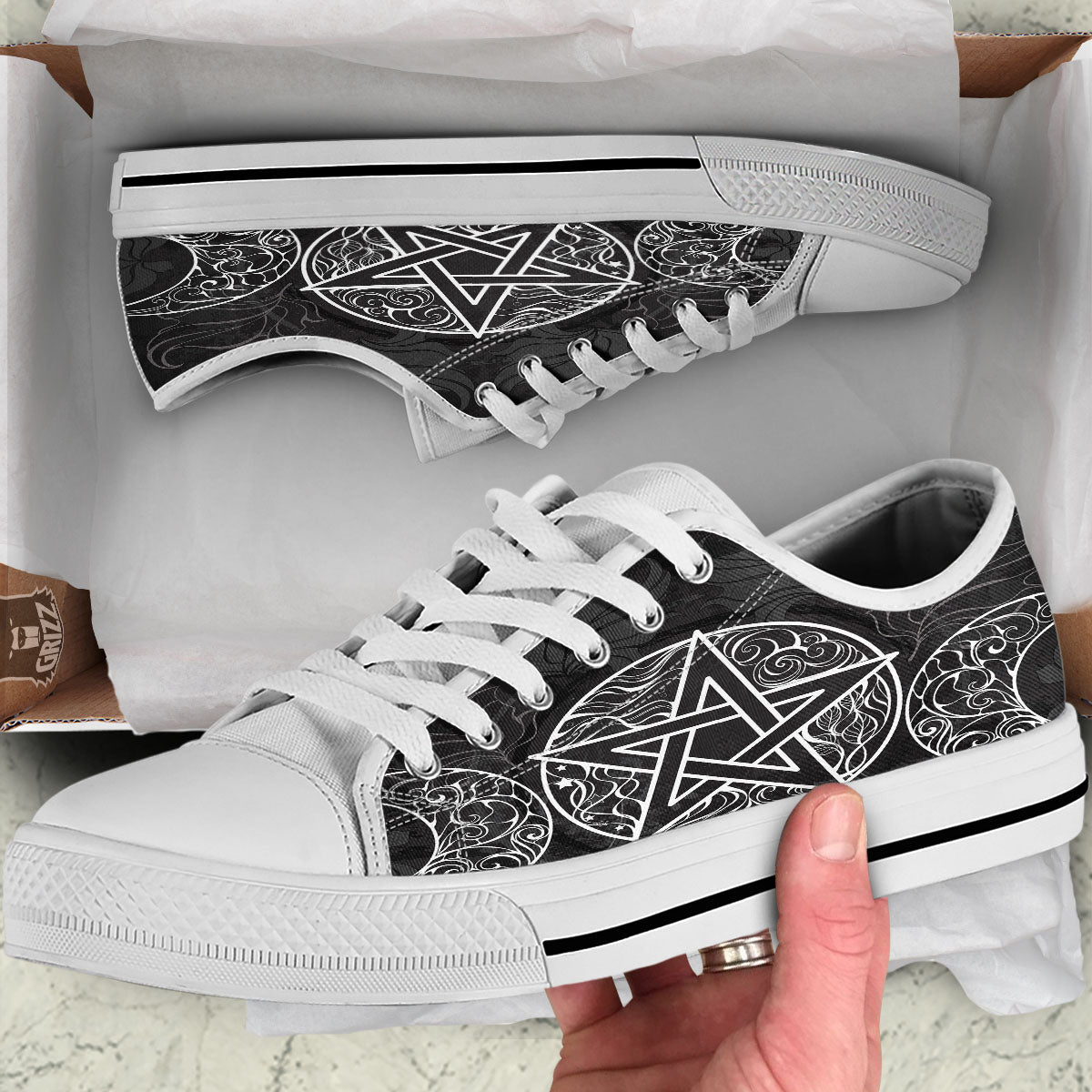 Wicca Pentagram White And Black Print White Low Top Shoes-grizzshop