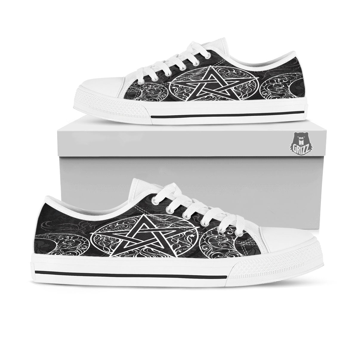 Wicca Pentagram White And Black Print White Low Top Shoes-grizzshop