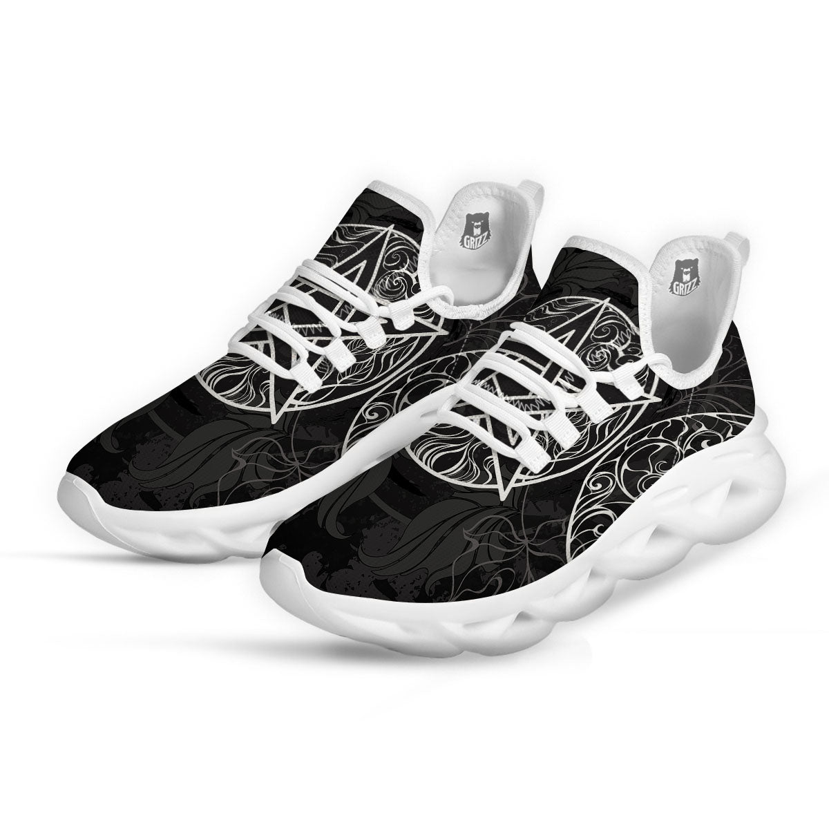 Wicca Pentagram White And Black Print White Running Shoes-grizzshop