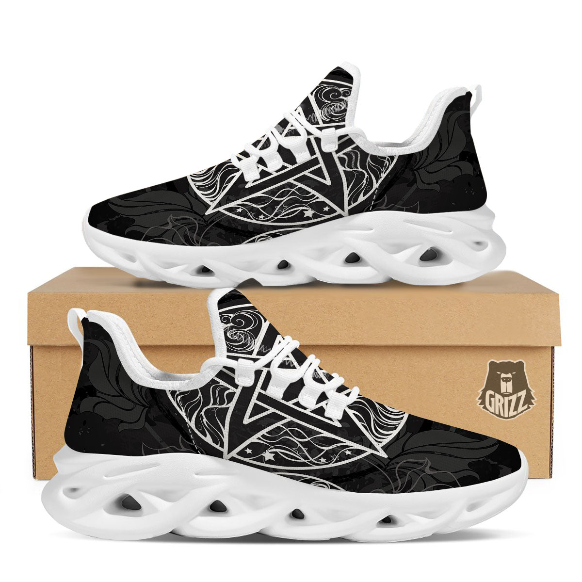 Wicca Pentagram White And Black Print White Running Shoes-grizzshop
