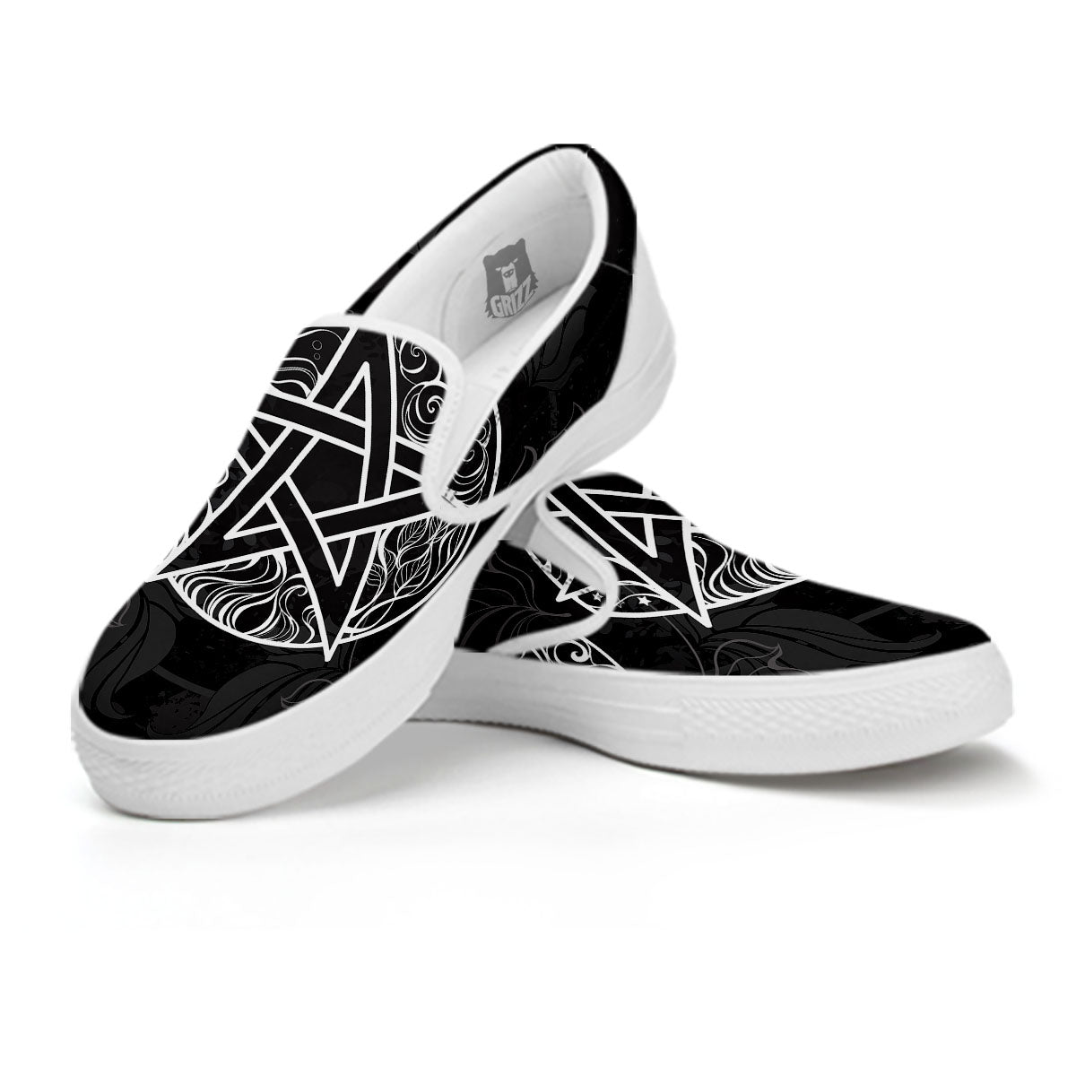 Wicca Pentagram White And Black Print White Slip On Shoes-grizzshop