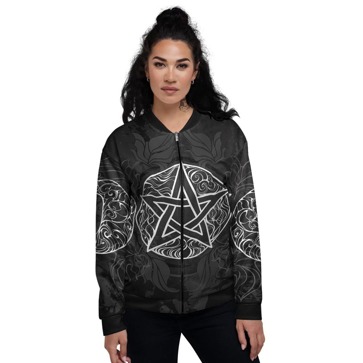 Wicca Pentagram White And Black Print Women's Bomber Jacket-grizzshop