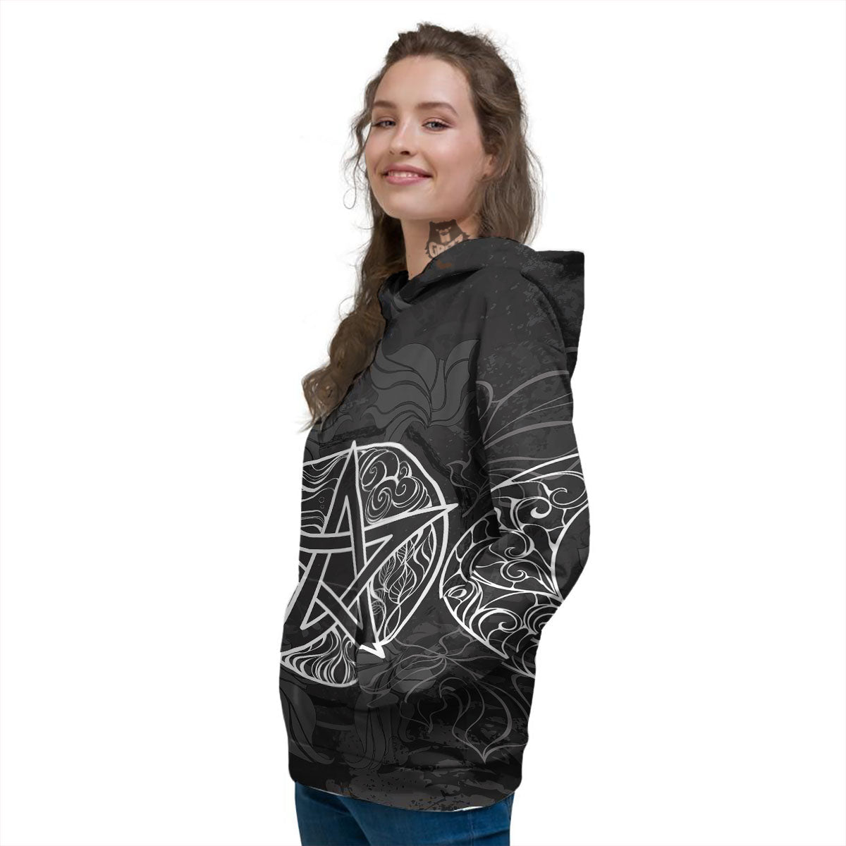 Wicca Pentagram White And Black Print Women's Hoodie-grizzshop