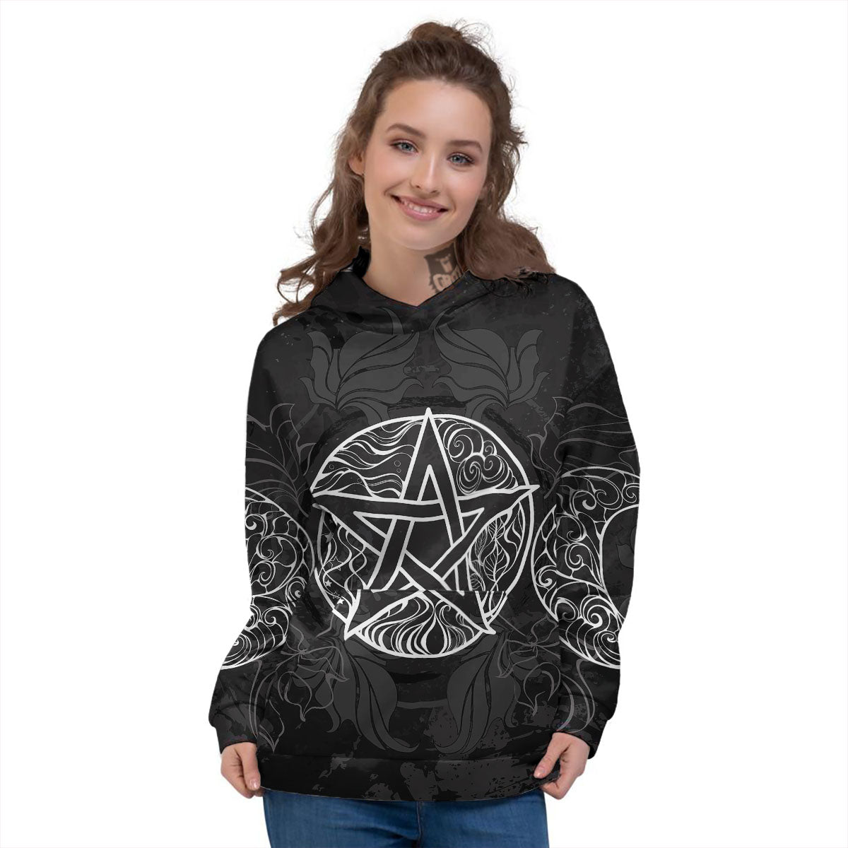 Wicca Pentagram White And Black Print Women's Hoodie-grizzshop