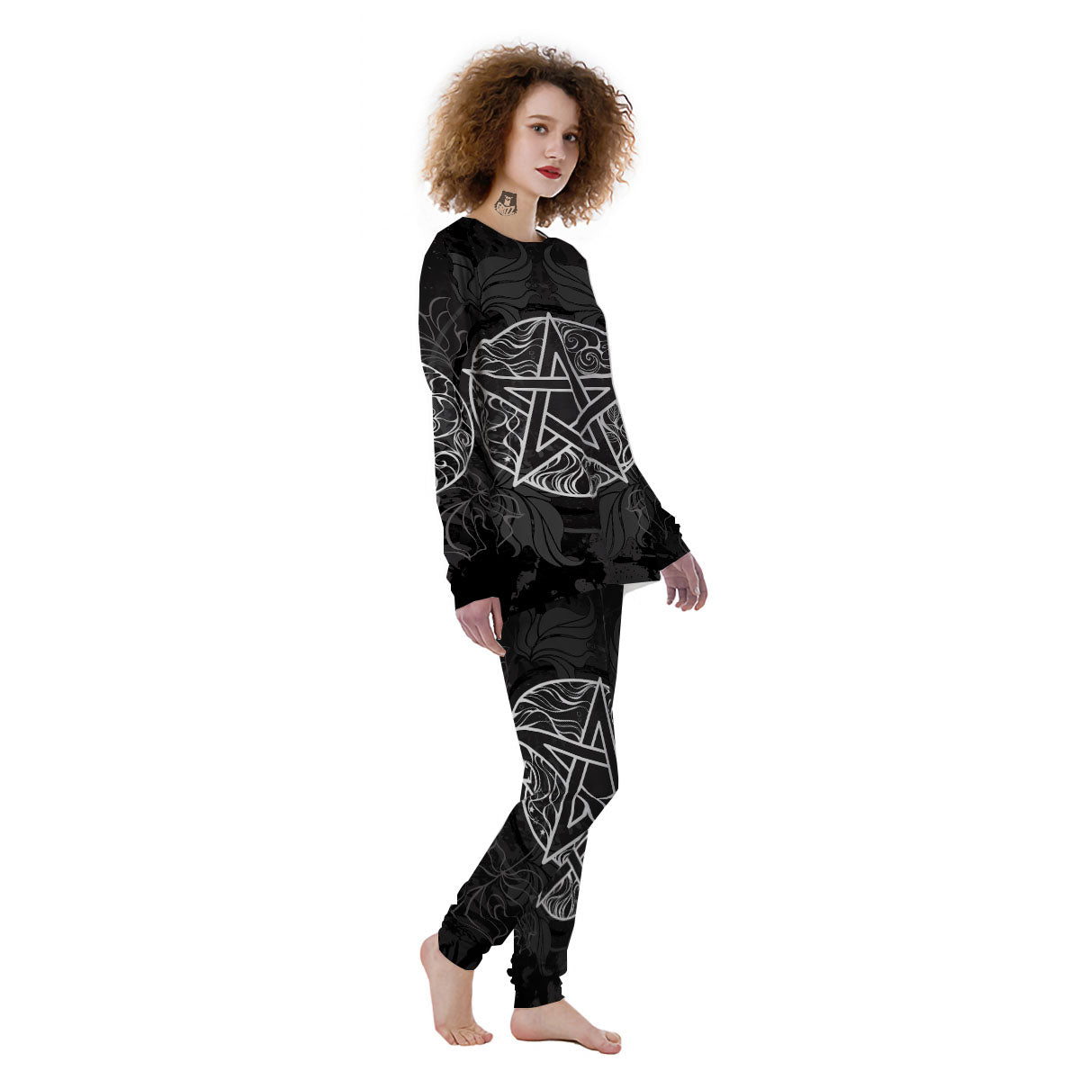 Wicca Pentagram White And Black Print Women's Pajamas-grizzshop