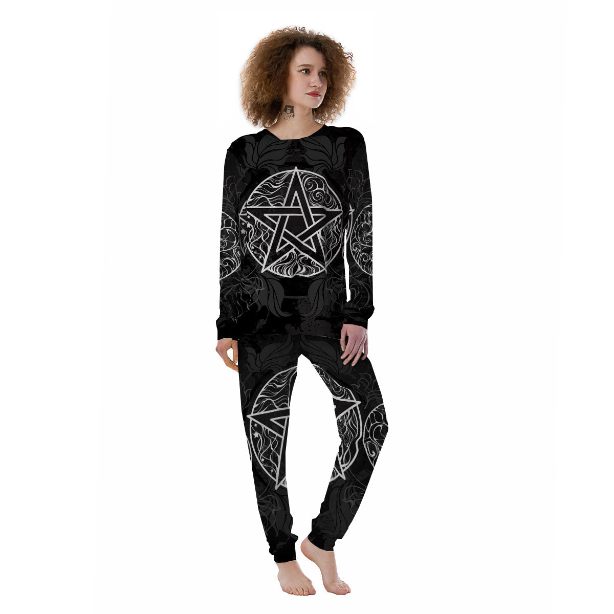 Wicca Pentagram White And Black Print Women's Pajamas-grizzshop