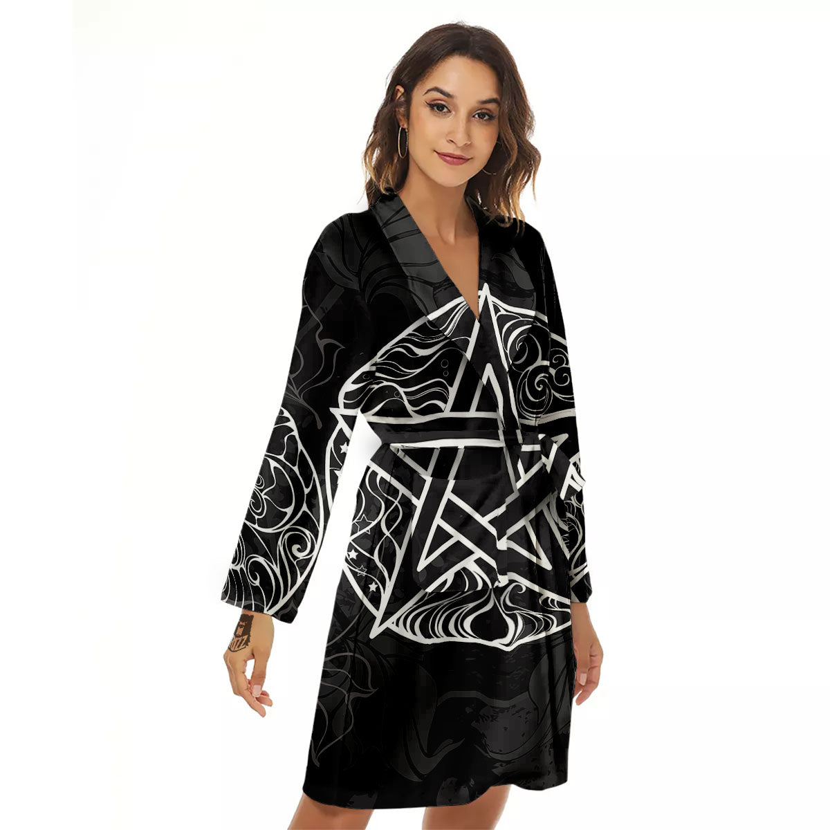 Wicca Pentagram White And Black Print Women's Robe-grizzshop