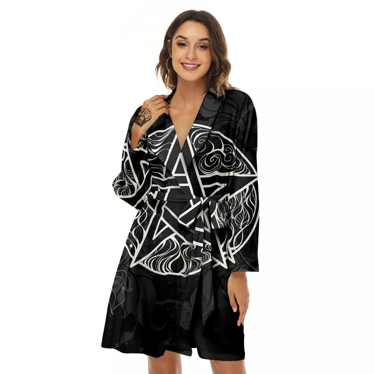 Wicca Pentagram White And Black Print Women's Robe-grizzshop