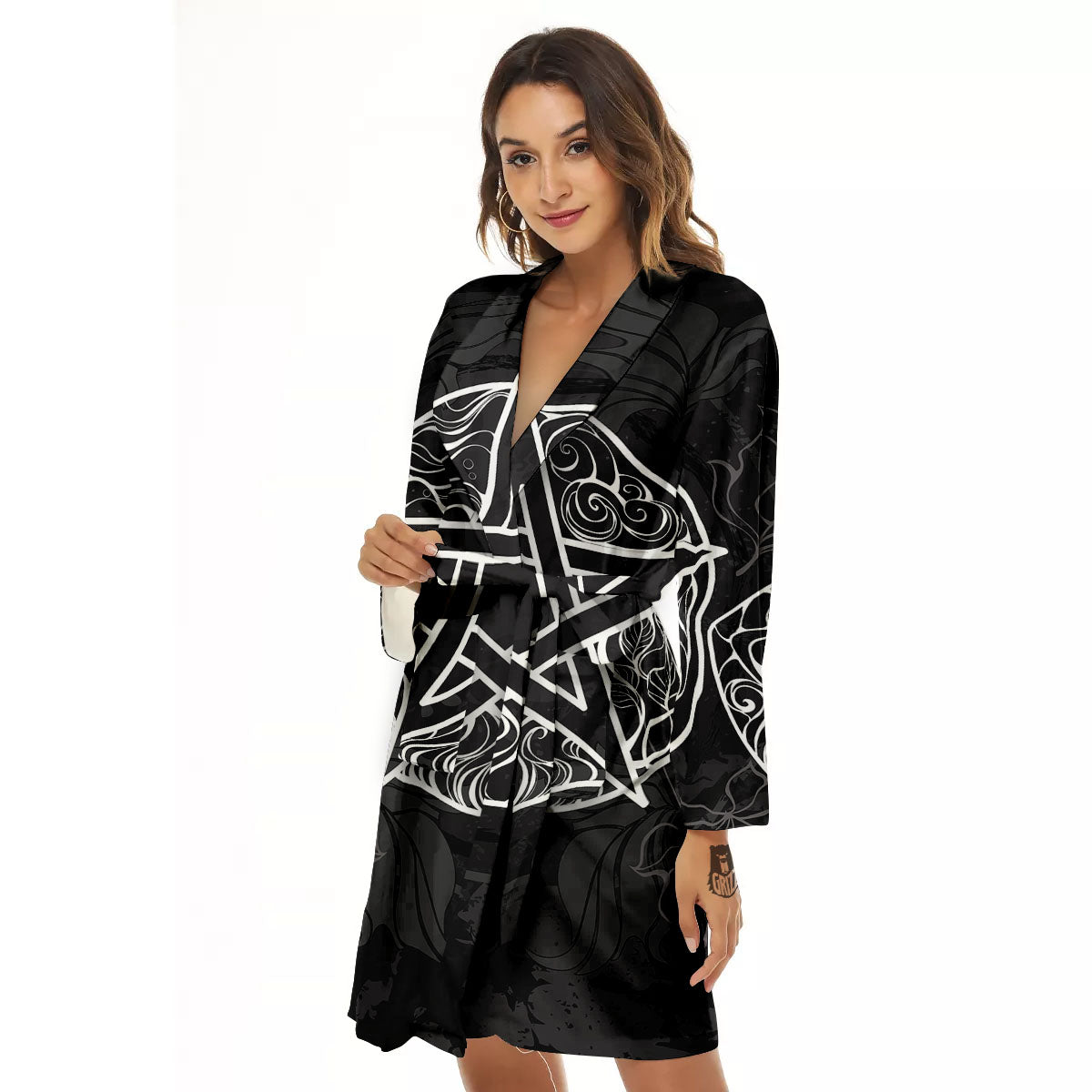 Wicca Pentagram White And Black Print Women's Robe-grizzshop
