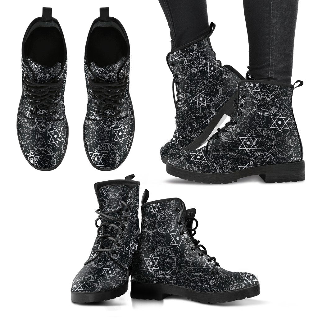 Wiccan Gothic Witch Pagan Pattern Print Men Women Leather Boots-grizzshop