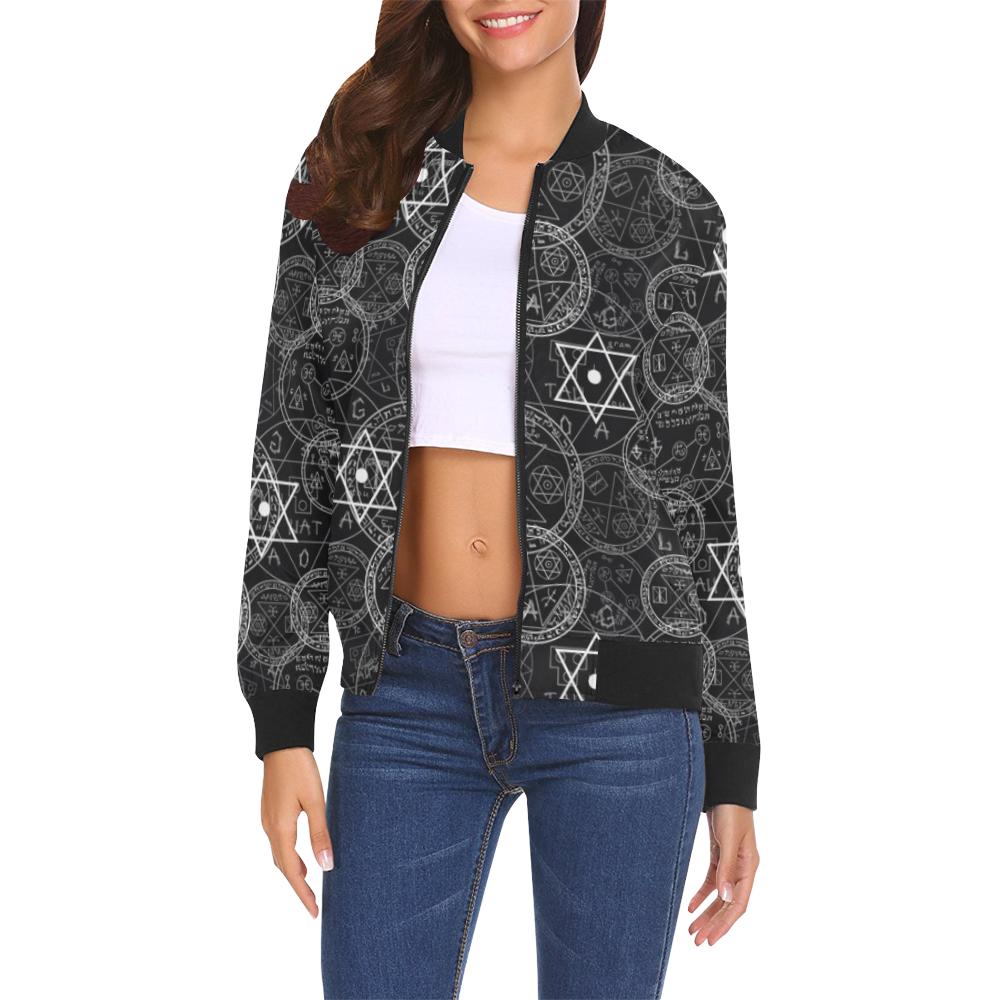 Wiccan Gothic Witch Pagan Pattern Print Women Casual Bomber Jacket-grizzshop