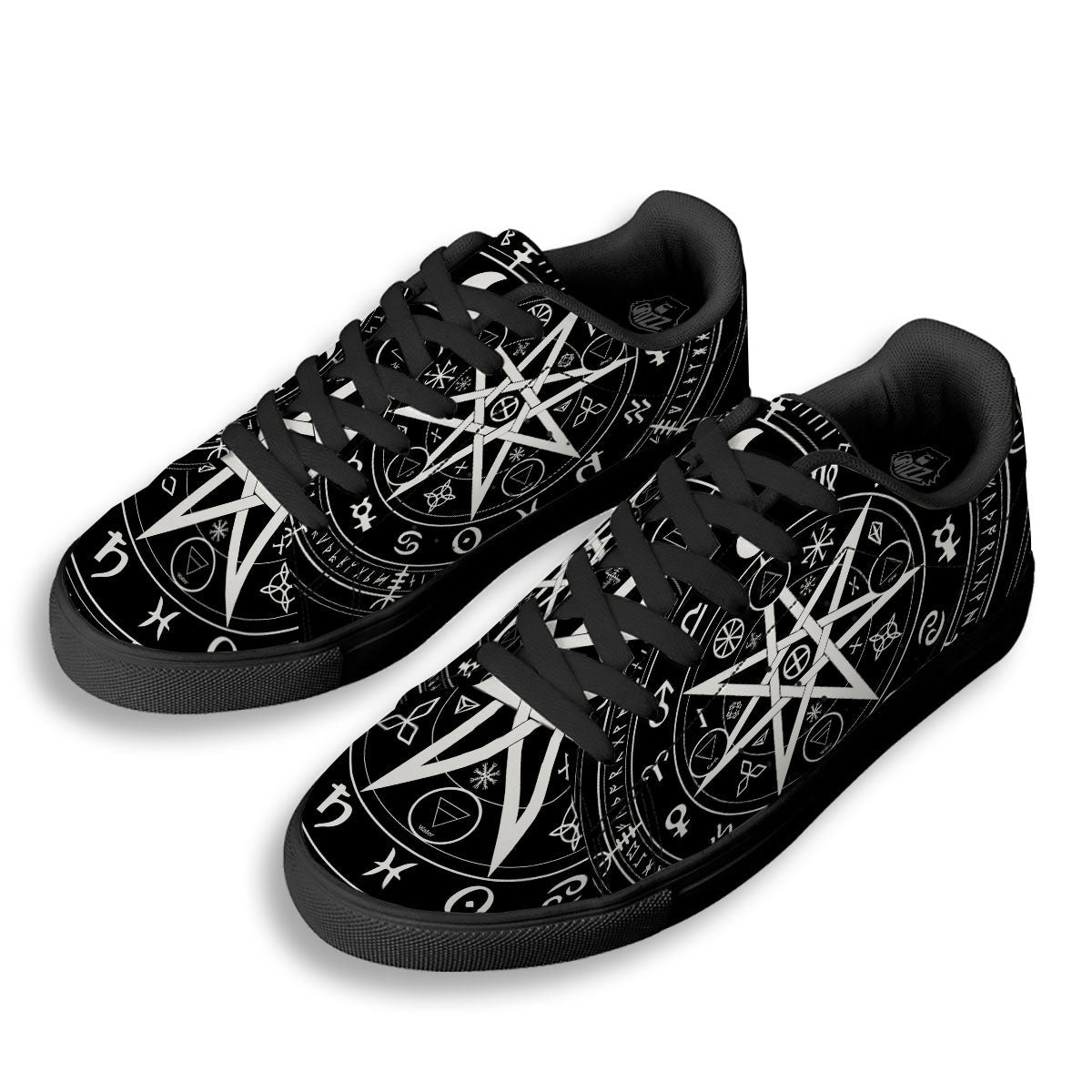Wiccan Mystic White And Black Print Black Low Top Sneakers-grizzshop