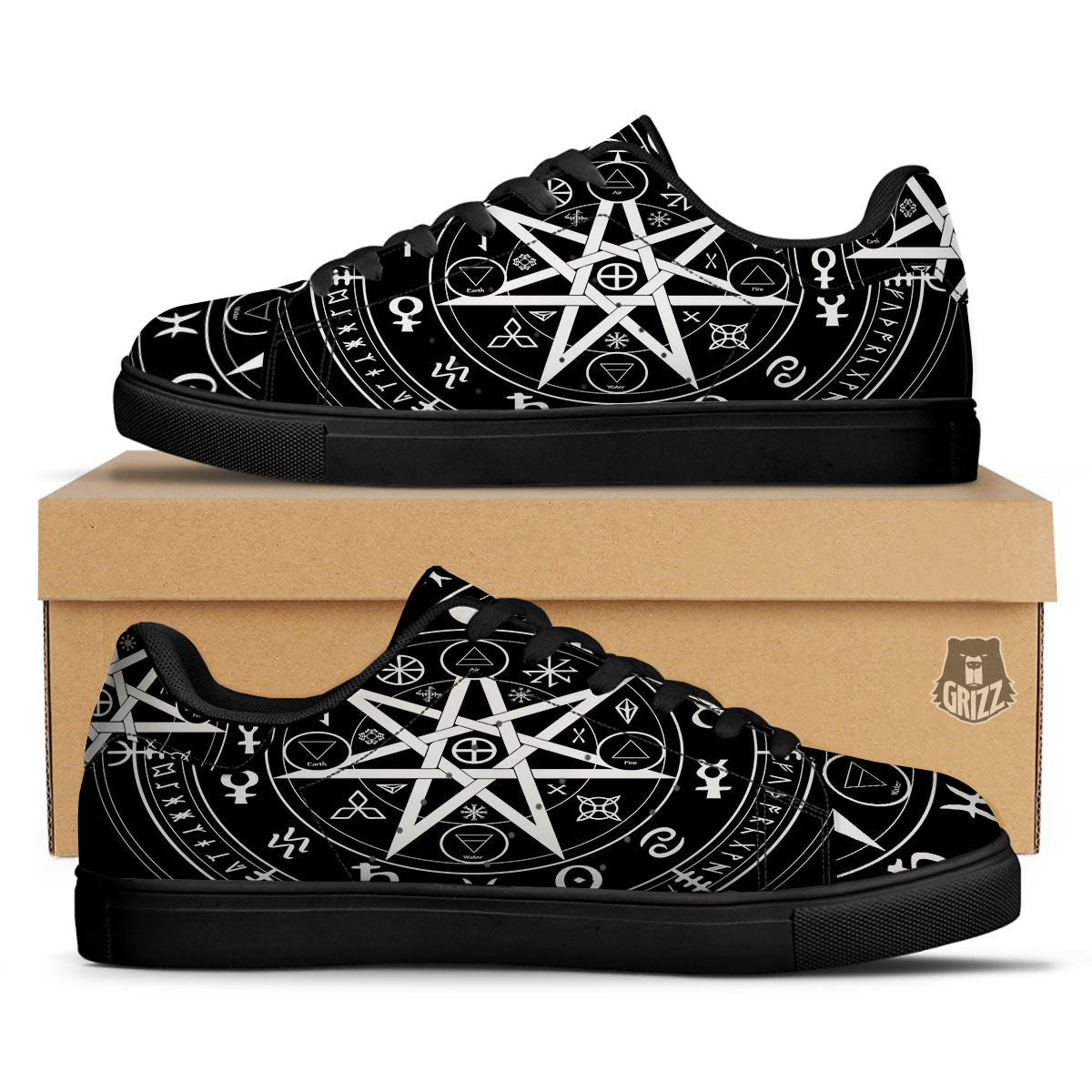 Wiccan Mystic White And Black Print Black Low Top Sneakers-grizzshop