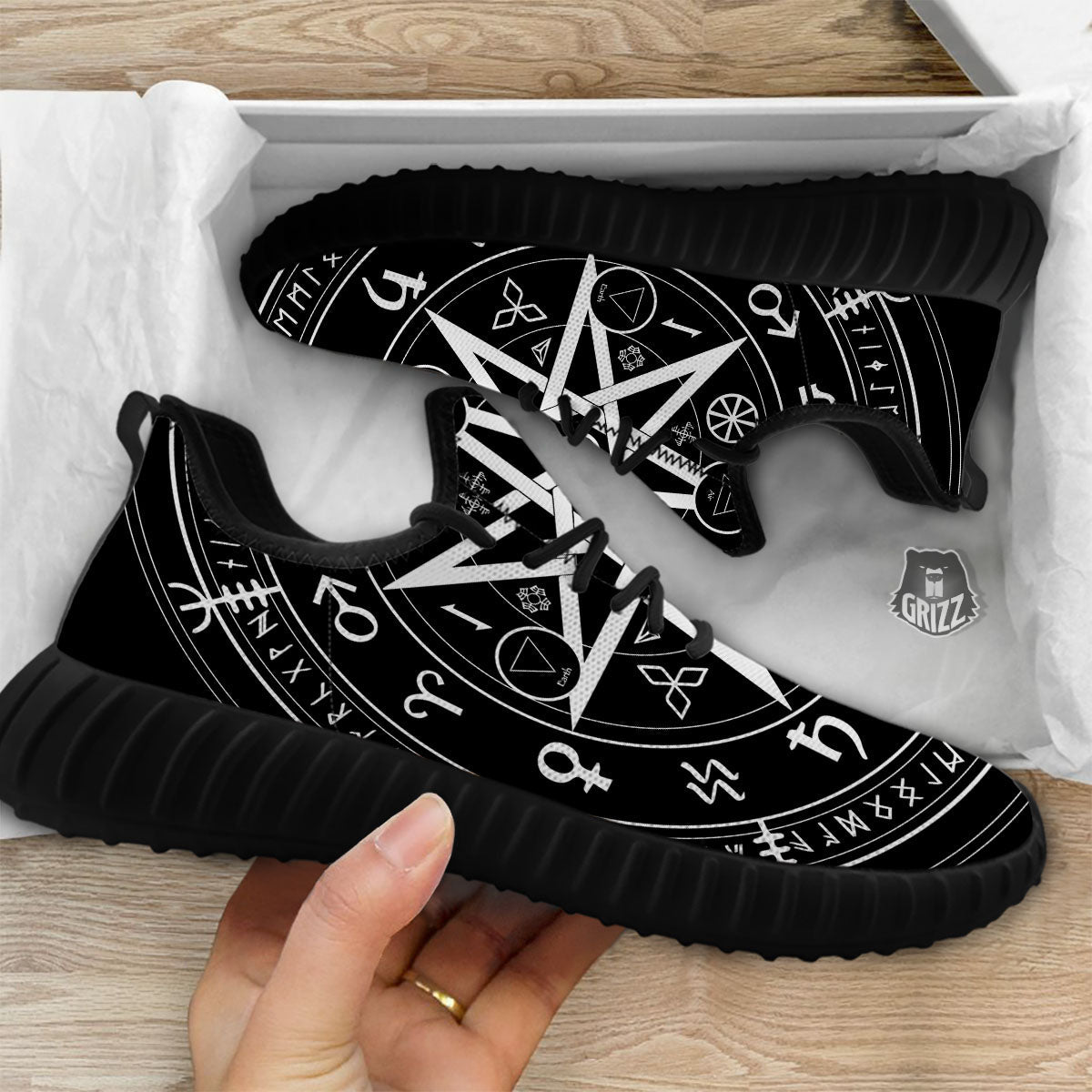 Wiccan Mystic White And Black Print Black Walking Shoes-grizzshop