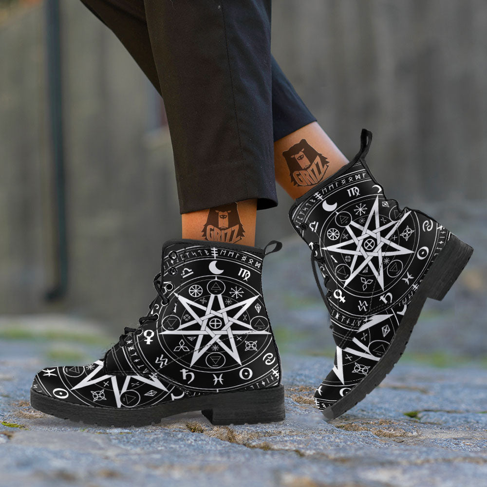 Wiccan Mystic White And Black Print Leather Boots-grizzshop