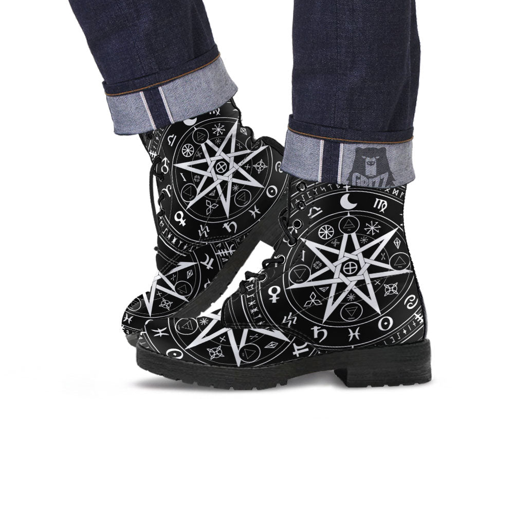Wiccan Mystic White And Black Print Leather Boots-grizzshop