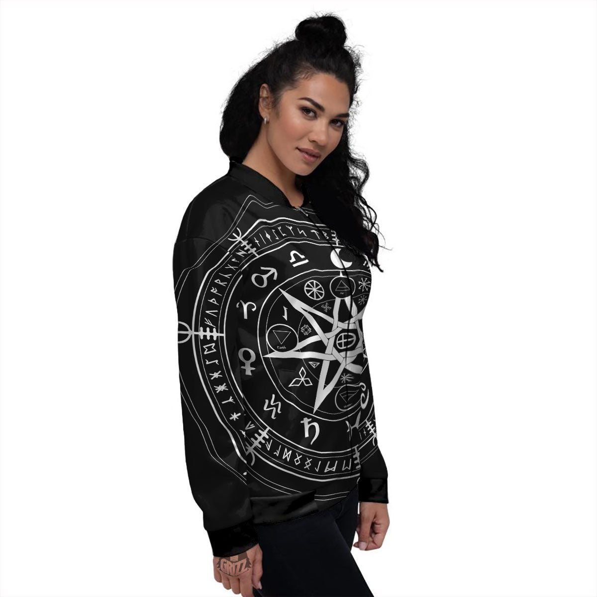 Wiccan Mystic White And Black Print Women's Bomber Jacket-grizzshop