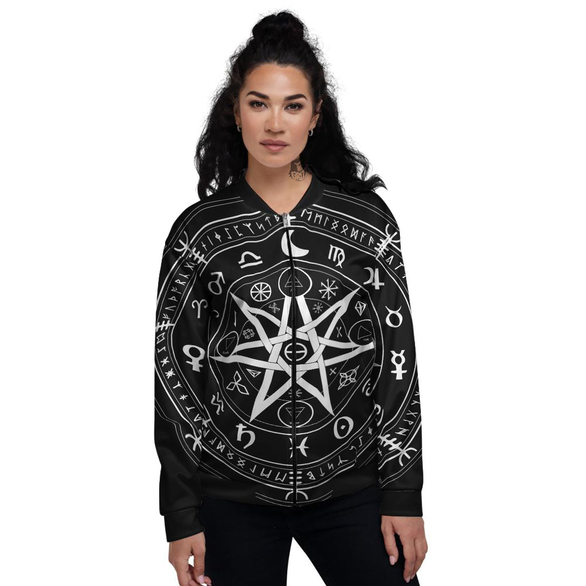 Wiccan Mystic White And Black Print Women's Bomber Jacket-grizzshop