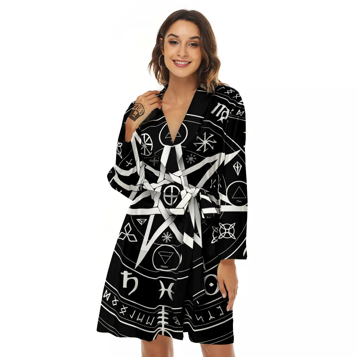 Wiccan Mystic White And Black Print Women's Robe-grizzshop
