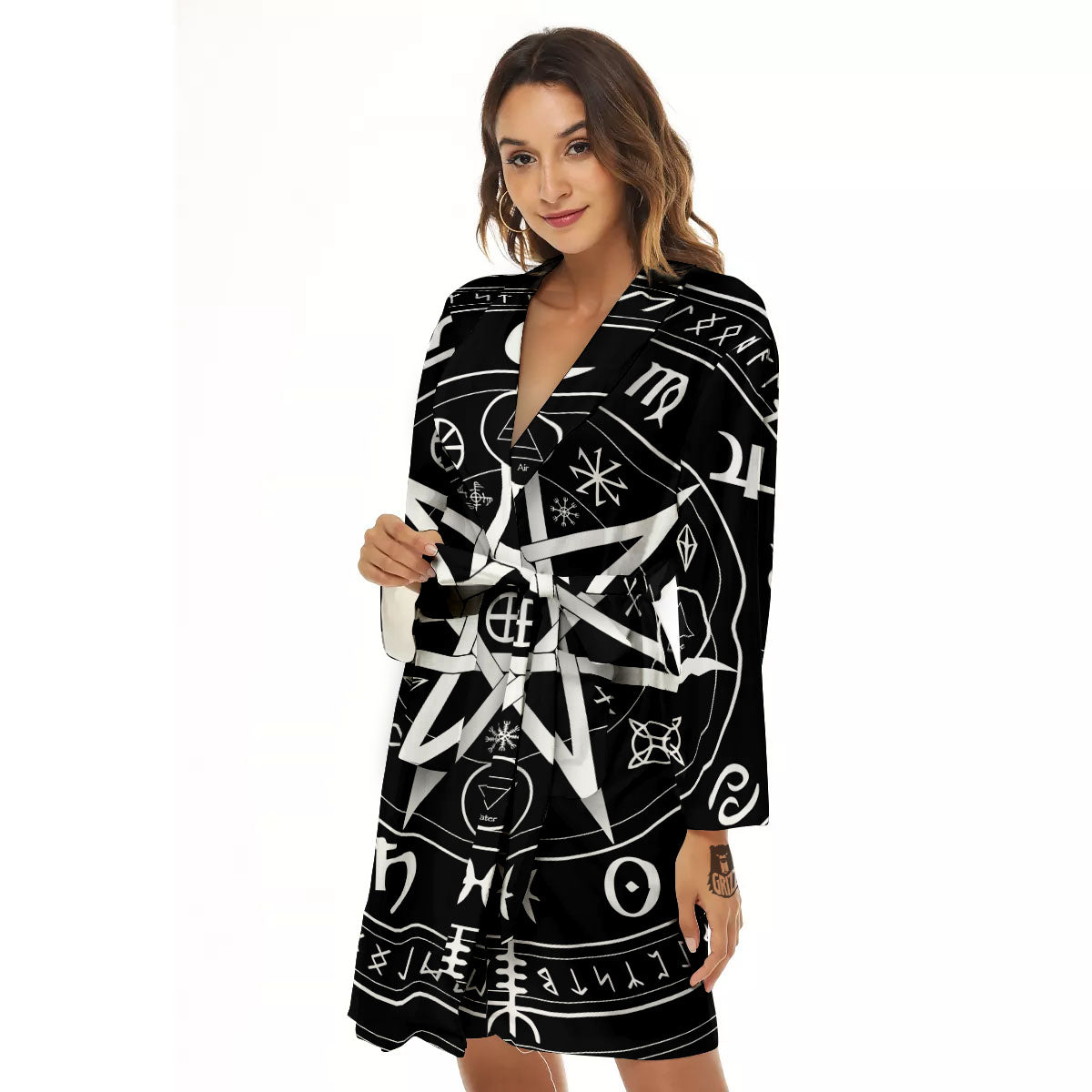 Wiccan Mystic White And Black Print Women's Robe-grizzshop