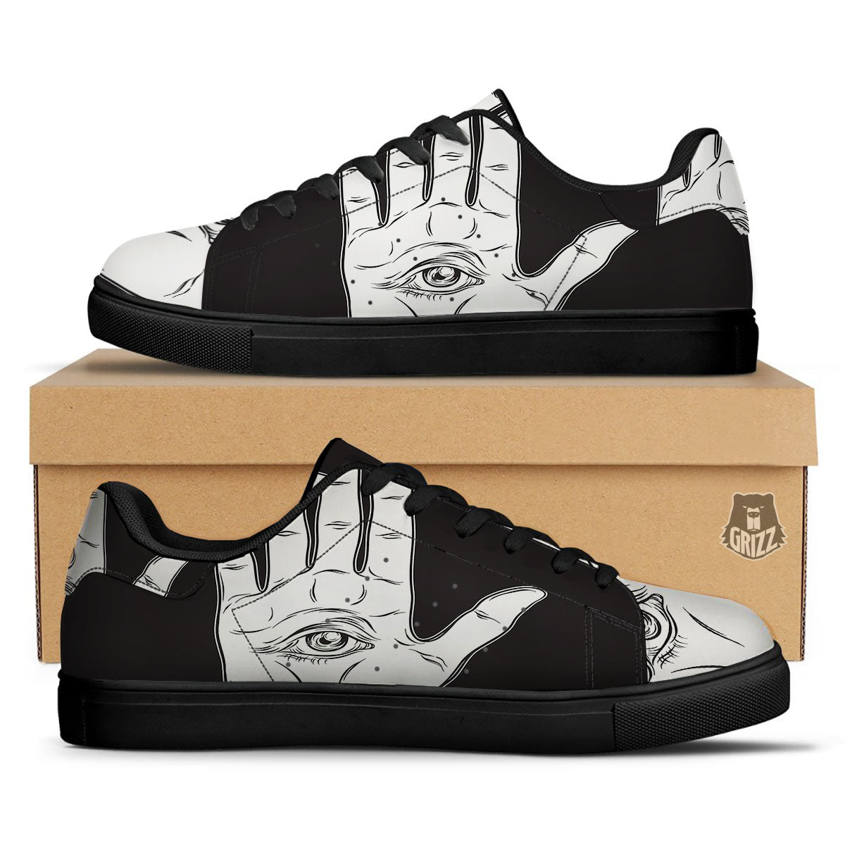 Wiccan Palmistry White And Black Print Black Low Top Sneakers-grizzshop