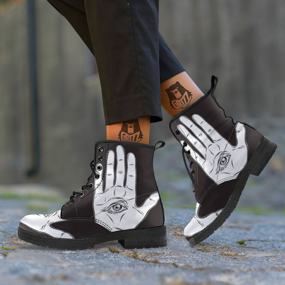 Wiccan Palmistry White And Black Print Leather Boots-grizzshop