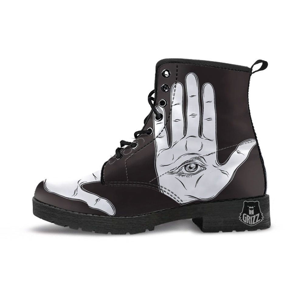 Wiccan Palmistry White And Black Print Leather Boots-grizzshop