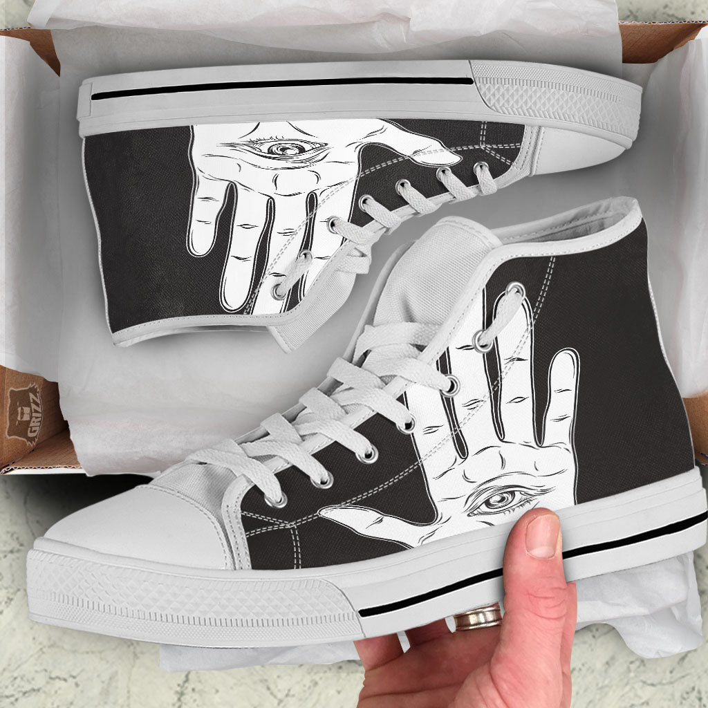 Wiccan Palmistry White And Black Print White High Top Shoes-grizzshop