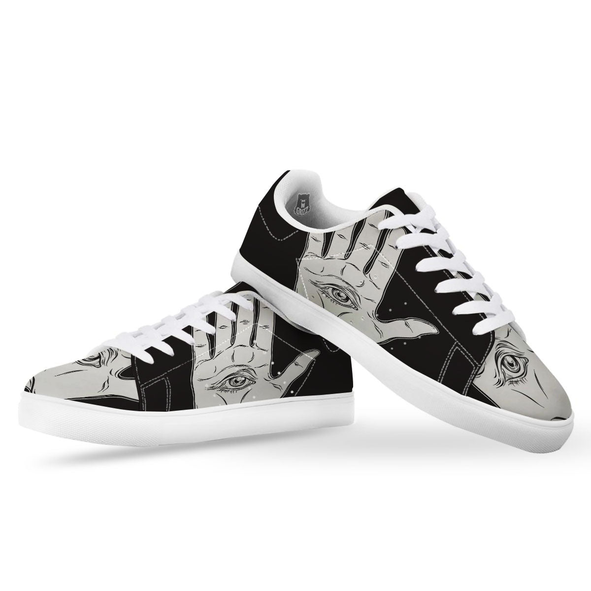 Wiccan Palmistry White And Black Print White Low Top Sneakers-grizzshop