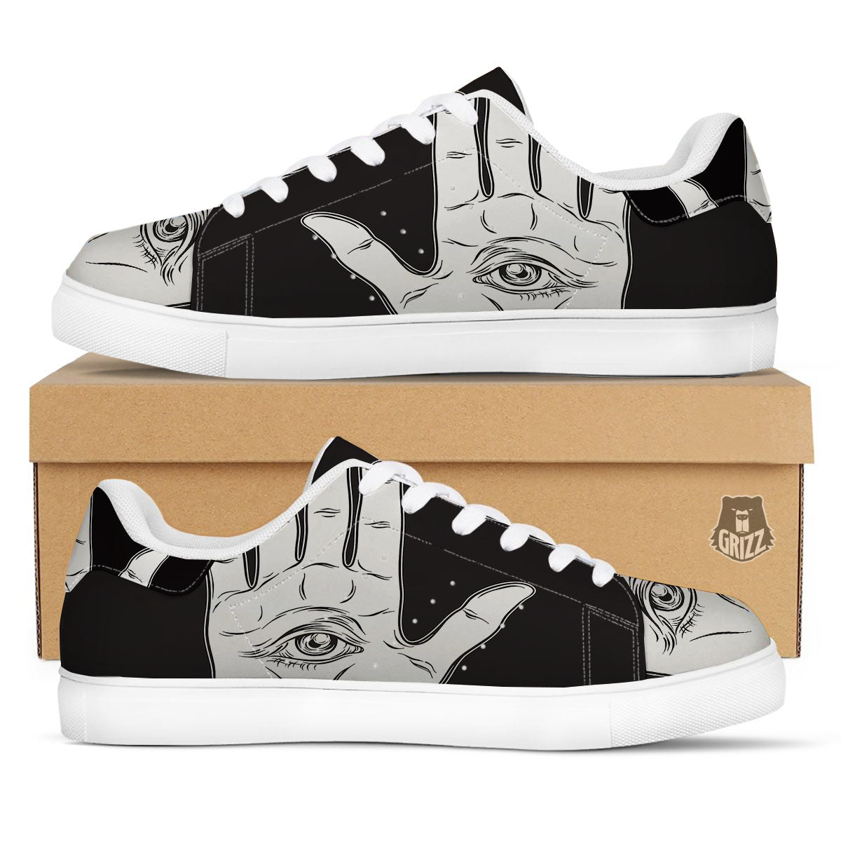 Wiccan Palmistry White And Black Print White Low Top Sneakers-grizzshop