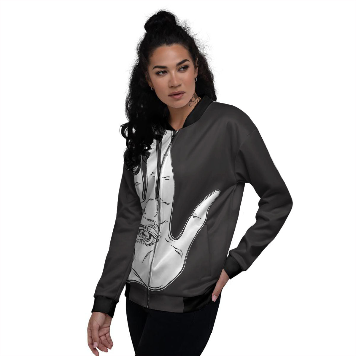 Wiccan Palmistry White And Black Print Women's Bomber Jacket-grizzshop