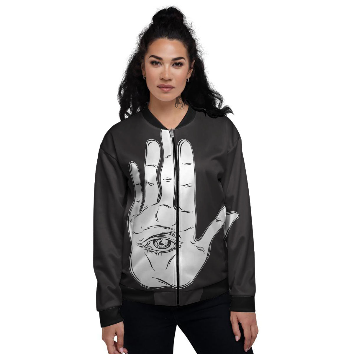 Wiccan Palmistry White And Black Print Women's Bomber Jacket-grizzshop