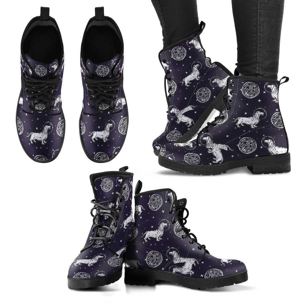 Wiener Dog Dachshund Astronaut Pattern Print Men Women Leather Boots-grizzshop