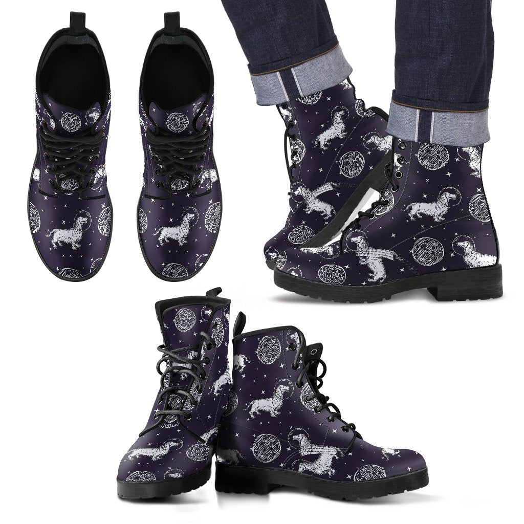 Wiener Dog Dachshund Astronaut Pattern Print Men Women Leather Boots-grizzshop