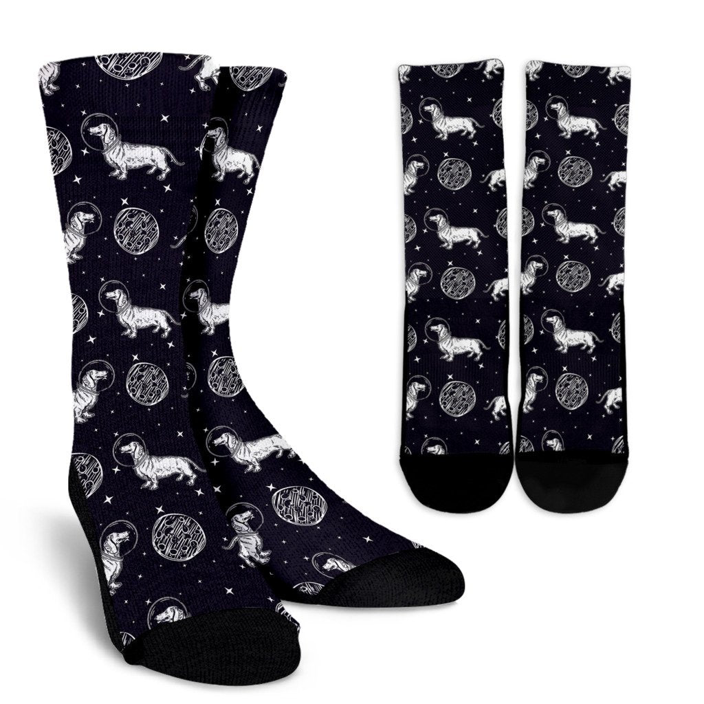 Wiener Dog Dachshund Astronaut Pattern Print Unisex Crew Socks-grizzshop