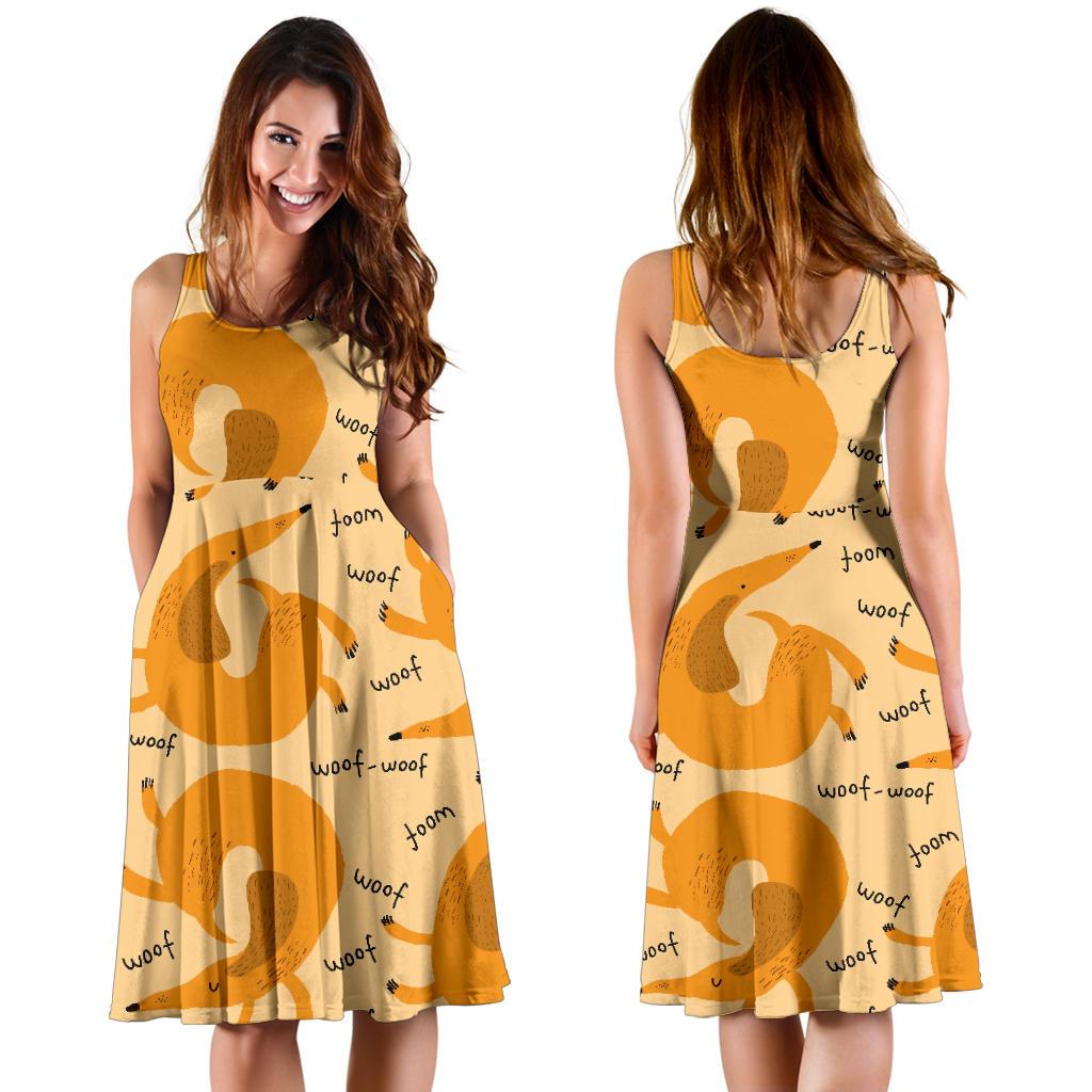 Wiener Dog Dachshund Woof Woof Pattern Print Dress-grizzshop