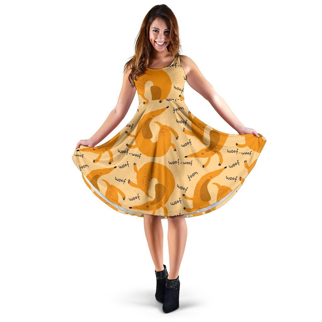 Wiener Dog Dachshund Woof Woof Pattern Print Dress-grizzshop