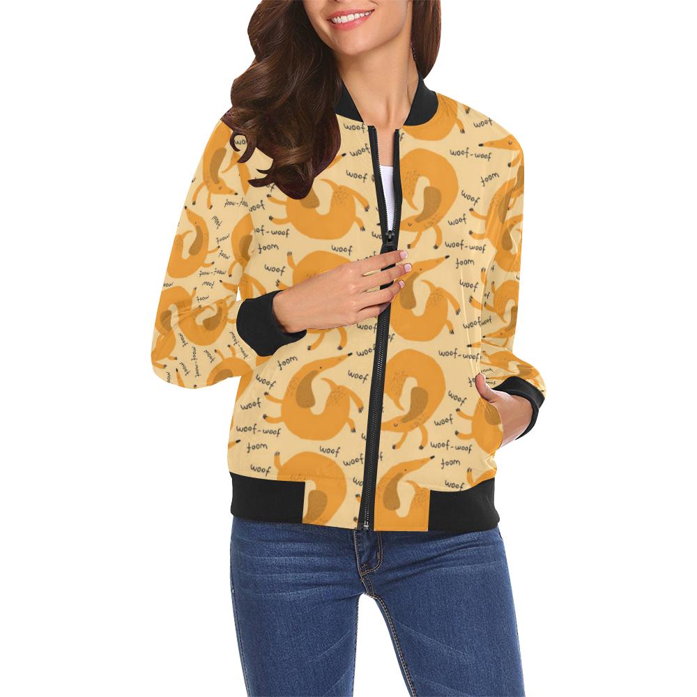 Wiener Dog Dachshund Woof Woof Pattern Print Women Casual Bomber Jacket-grizzshop