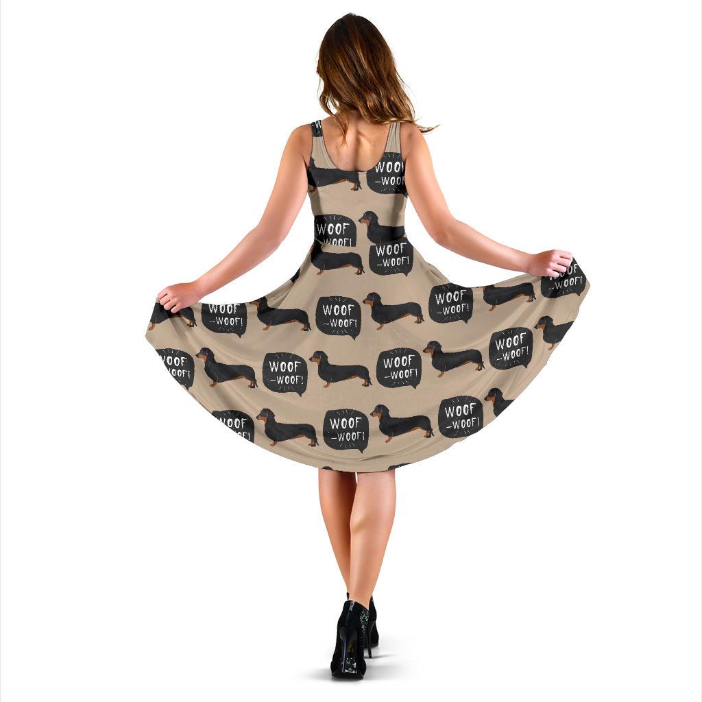 Wiener Dog Woof Woof Dachshund Pattern Print Dress-grizzshop