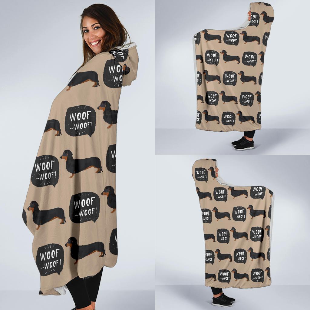 Wiener Dog Woof Woof Dachshund Pattern Print Hooded Blanket-grizzshop