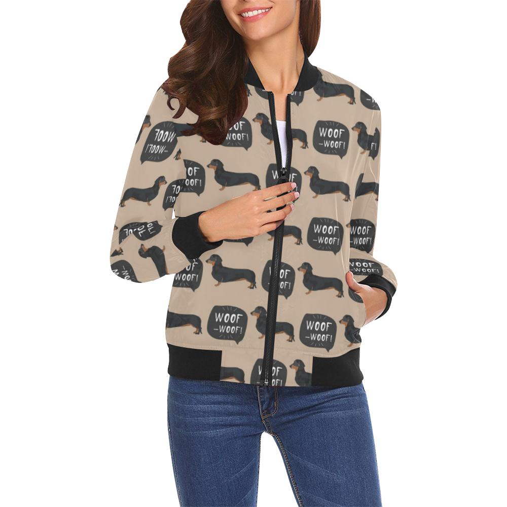 Wiener Dog Woof Woof Dachshund Pattern Print Women Casual Bomber Jacket-grizzshop